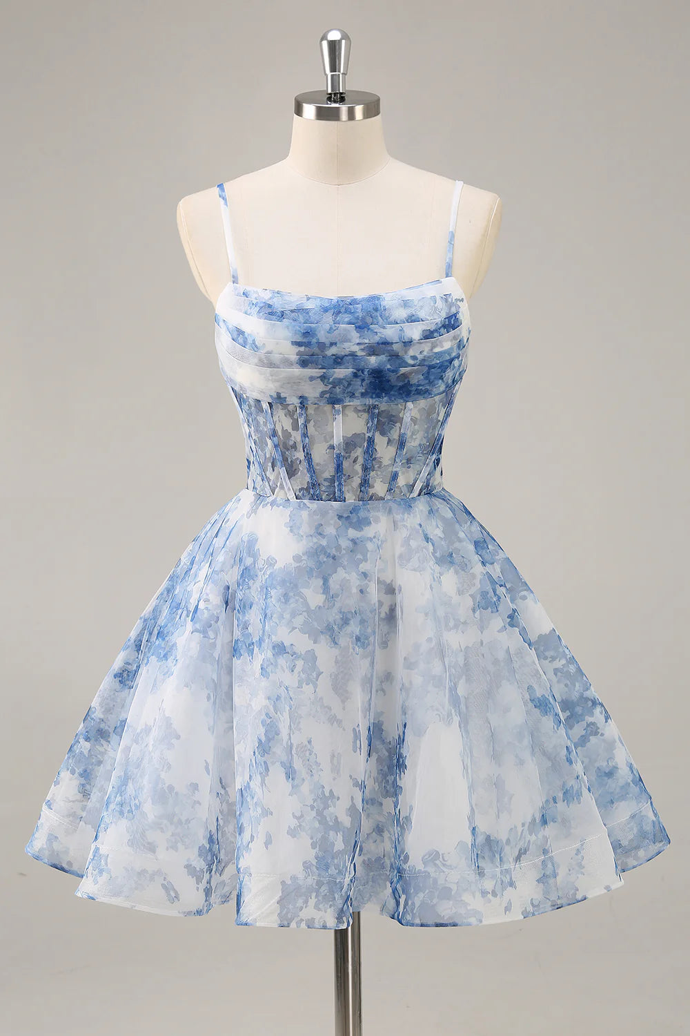 White Blue Flower A Line Spaghetti Straps Corset Homecoming Dress