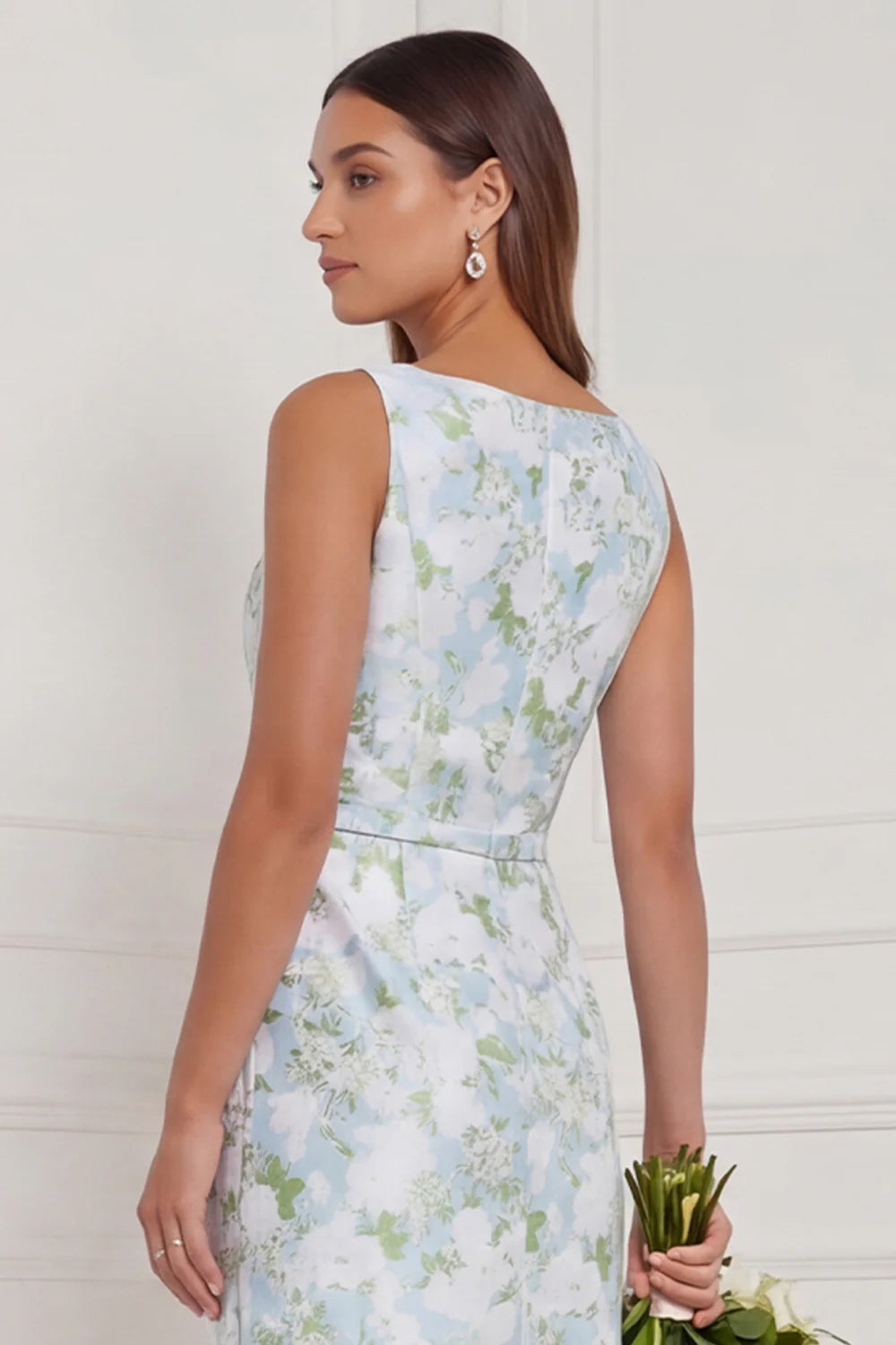 Sheath Blue White Floral Bateau Neck Long Bridesmaid Dress