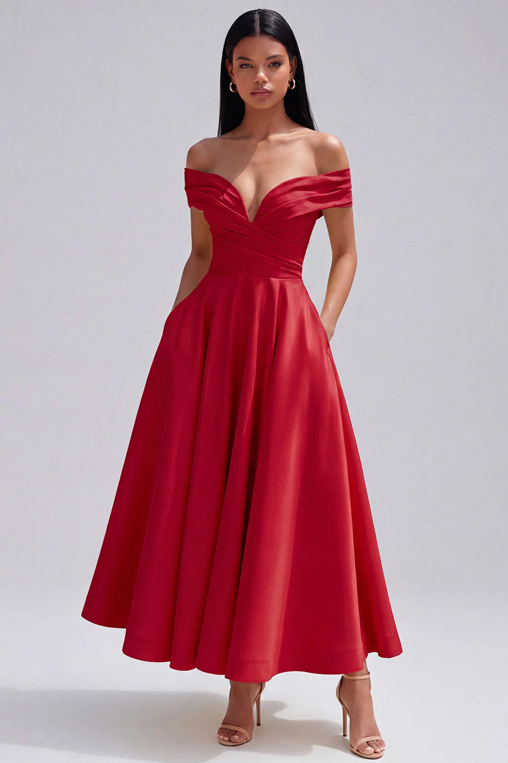 Off The Shoulder Yellow Ruched A Line Midi Wedding Guest Dress