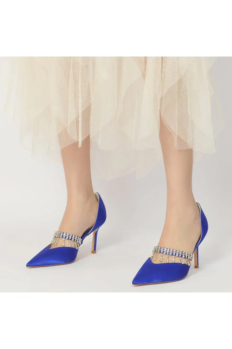 Cocktail Pointed Toe Crystal Tassel Buckle Strap Heels