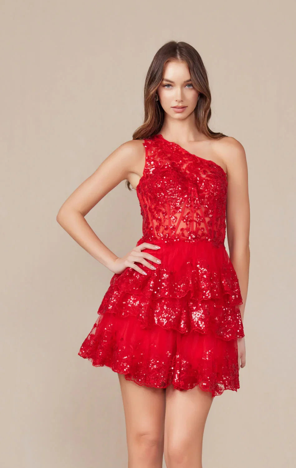CHRISTIE MINI DRESS RED ONE SHOULDER TIERED SHORT DRESS