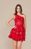CHRISTIE MINI DRESS RED ONE SHOULDER TIERED SHORT DRESS