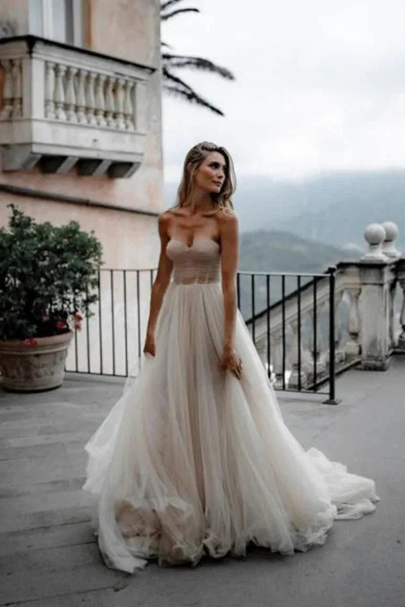 A Line Sweetheart Tulle Long Wedding Dresses
