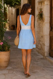 Blue V Neck Lace Cotton Sheath Mini Dress