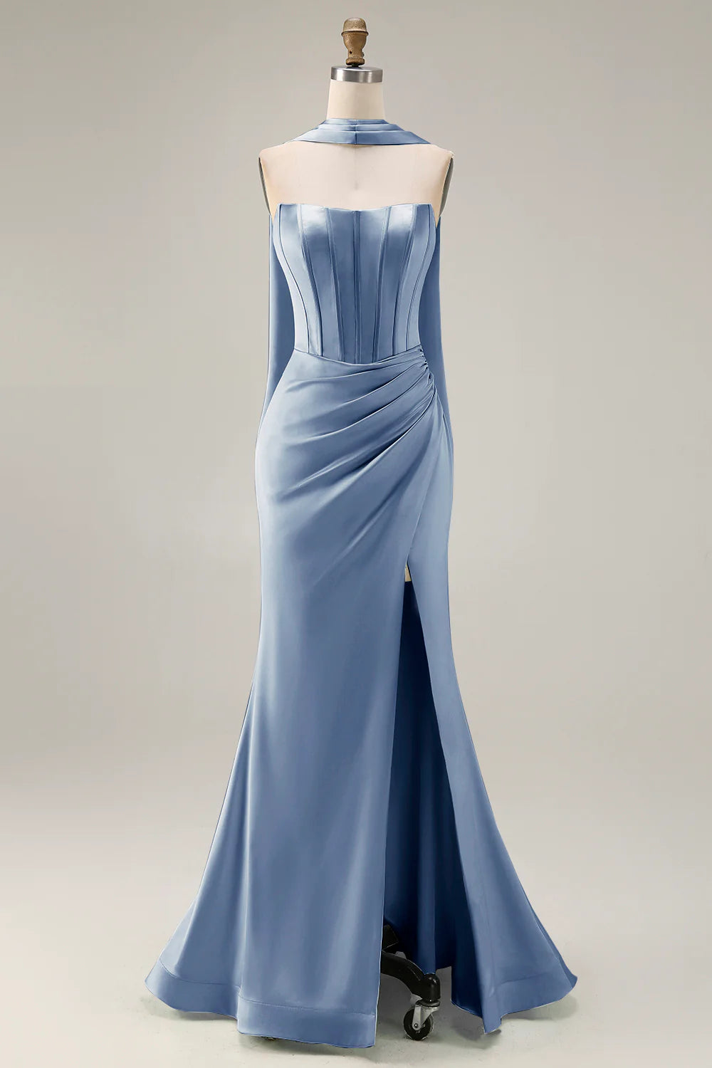 Light Green Strapless Mermaid Corset Ruched Long Prom Dress with Streamer