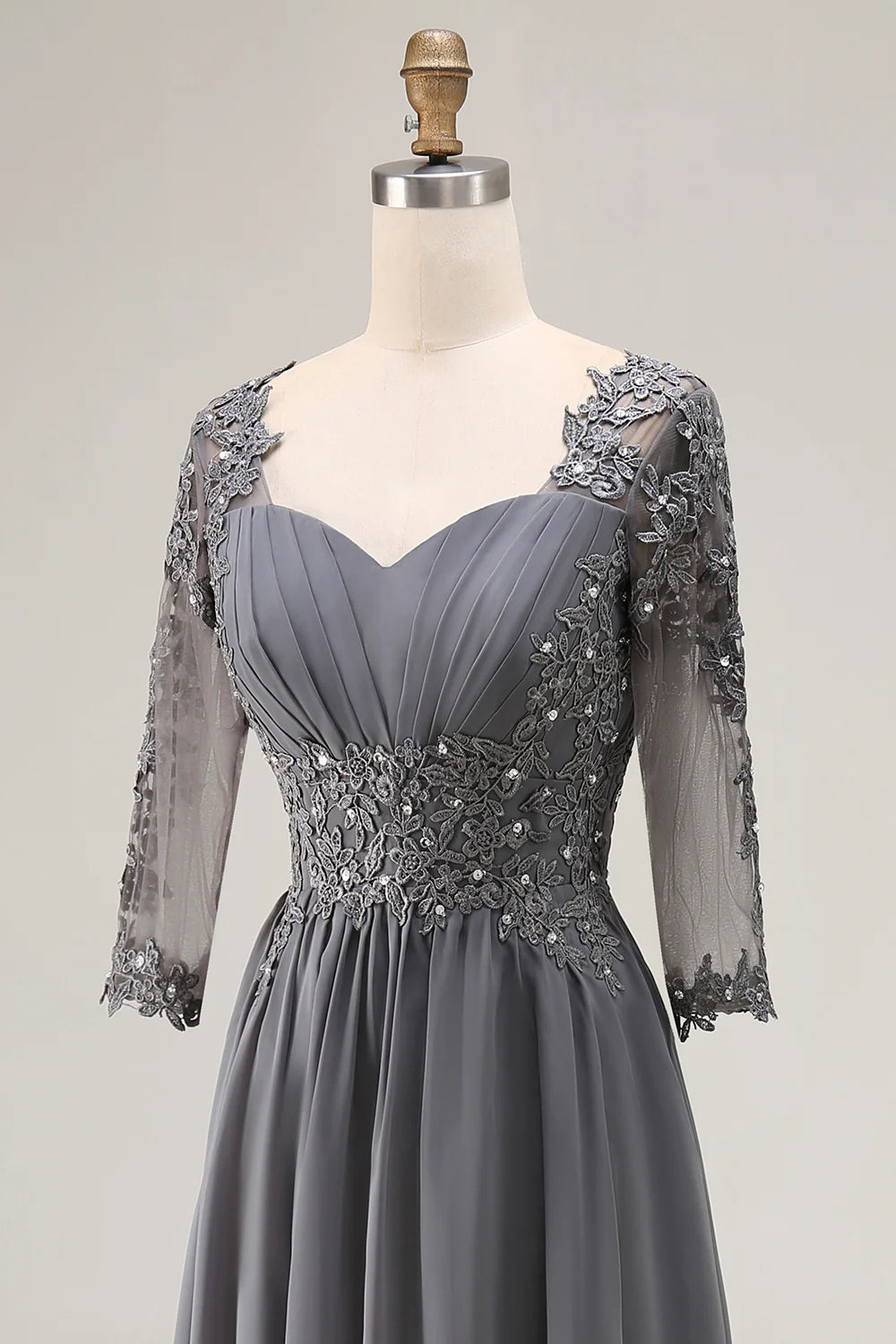 Steel Grey Appliqued A Line Half Sleeves Mother Of The Bride Dress with Back Keyhole