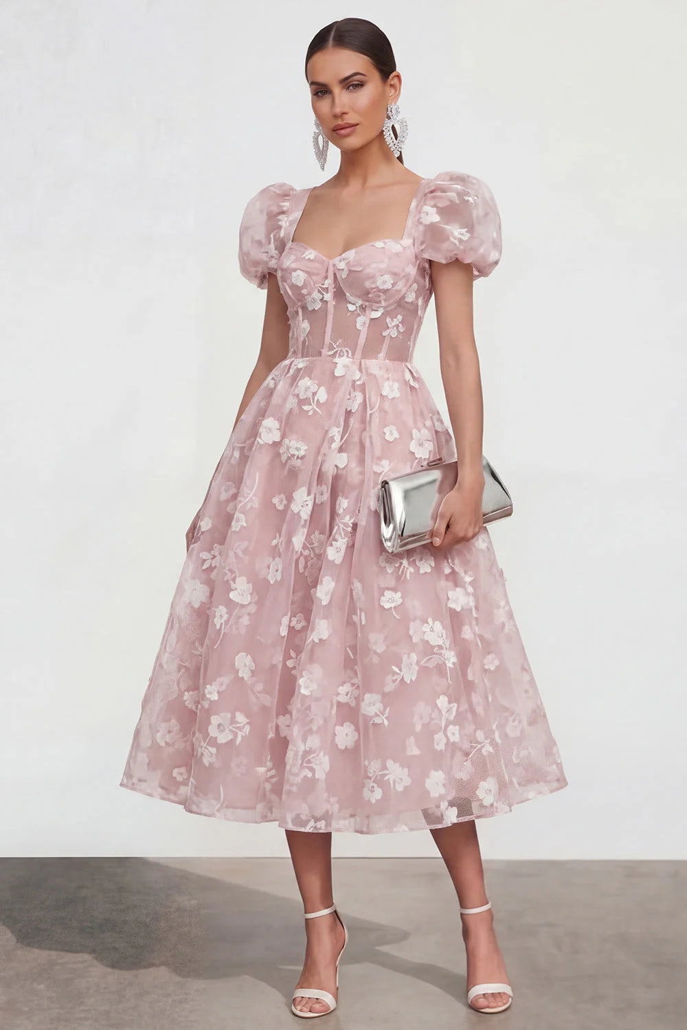Floral Pink Puff Sleeve A Line Corset Wedding Guest Dress