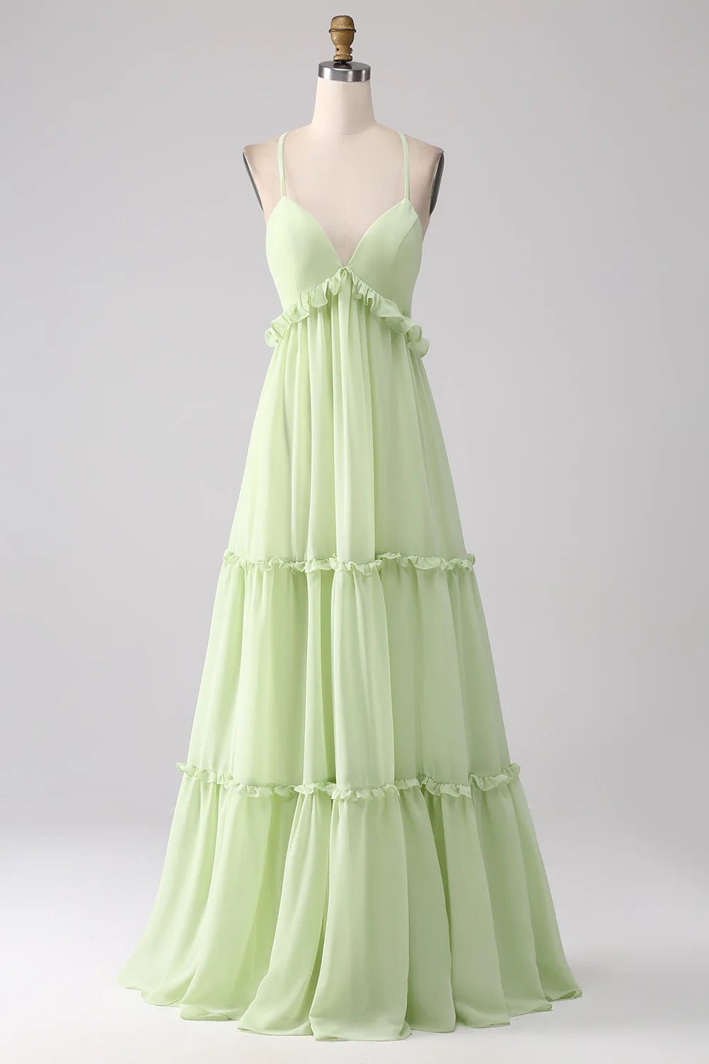 Light Green A Line Spaghetti Straps Backless Long Bridesmaid Dress With Ruffles