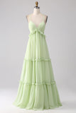 Light Green A Line Spaghetti Straps Backless Long Bridesmaid Dress With Ruffles