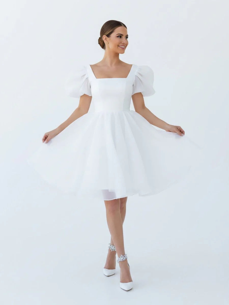 A Line Square Neck Short Wedding Dress With Puffy Pearls Sleeves
