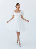A Line Square Neck Short Wedding Dress With Puffy Pearls Sleeves
