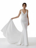 Mermaid Deep V Neck Backless White Wedding Dress
