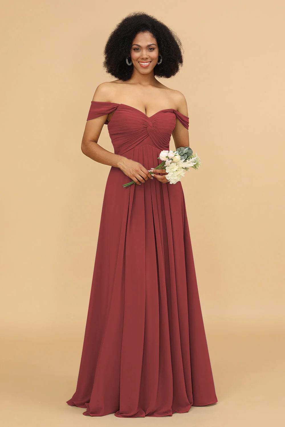 A Line Off the Shoulder Long Chiffon Bridesmaid Dress