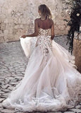 A line Tulle Skirt Floral Lace Sweetheart Wedding Dresses Backless