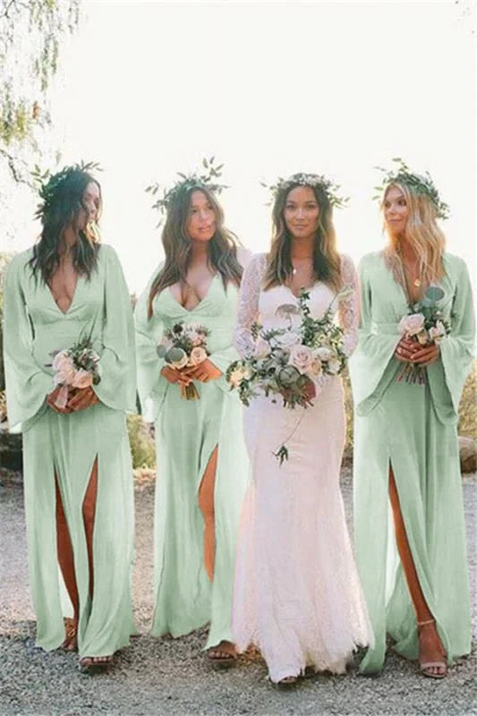 Boho A Line Deep V Neck Long Sleeves Light Bridesmaid Dresses