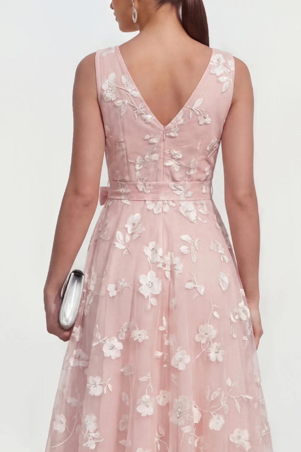 Blue Floral A Line Midi Wedding Guest Dress with Bow