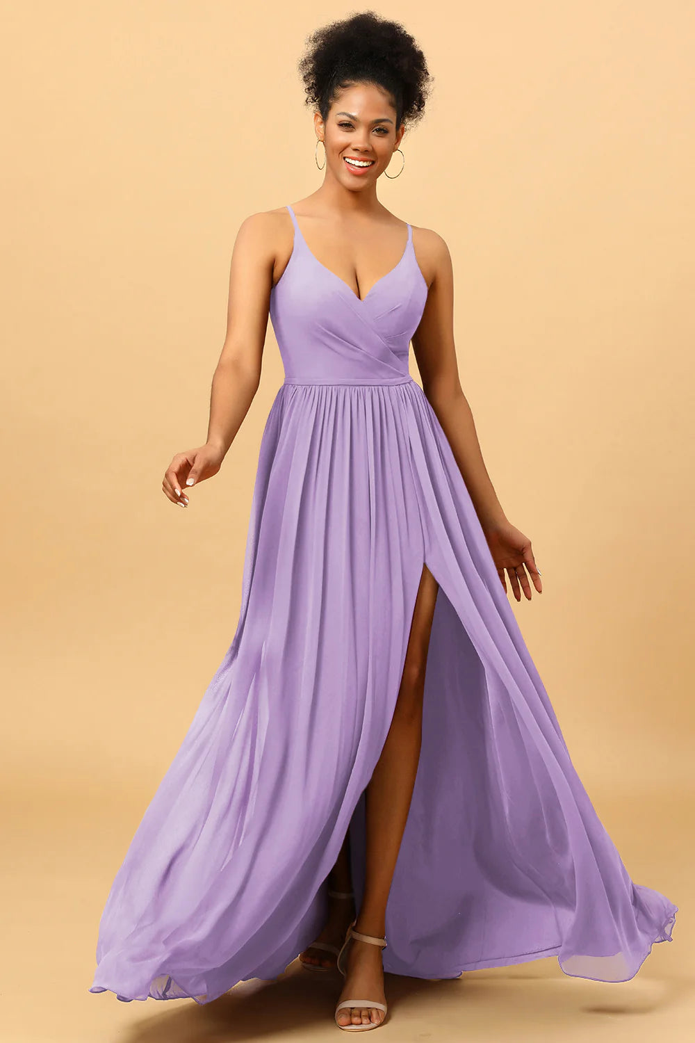 A Line Spaghetti Straps Ruched Long Chiffon Bridesmaid Dress with Slit