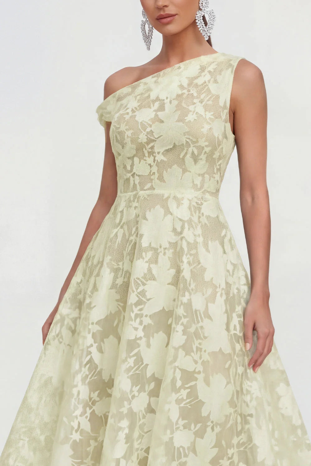 Floral Yellow Asymmetrical Neck A Line Wedding Guest Dress