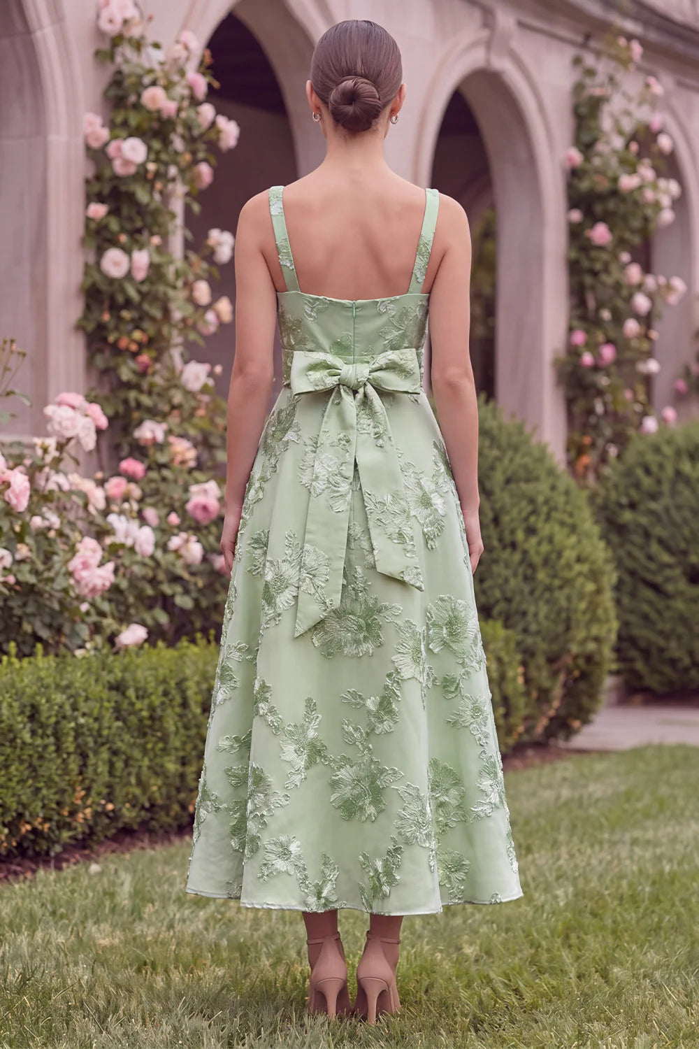 Sage Floral A Line Embroidery Square Neck Wedding Guest Dress with Bow