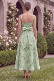 Sage Floral A Line Embroidery Square Neck Wedding Guest Dress with Bow