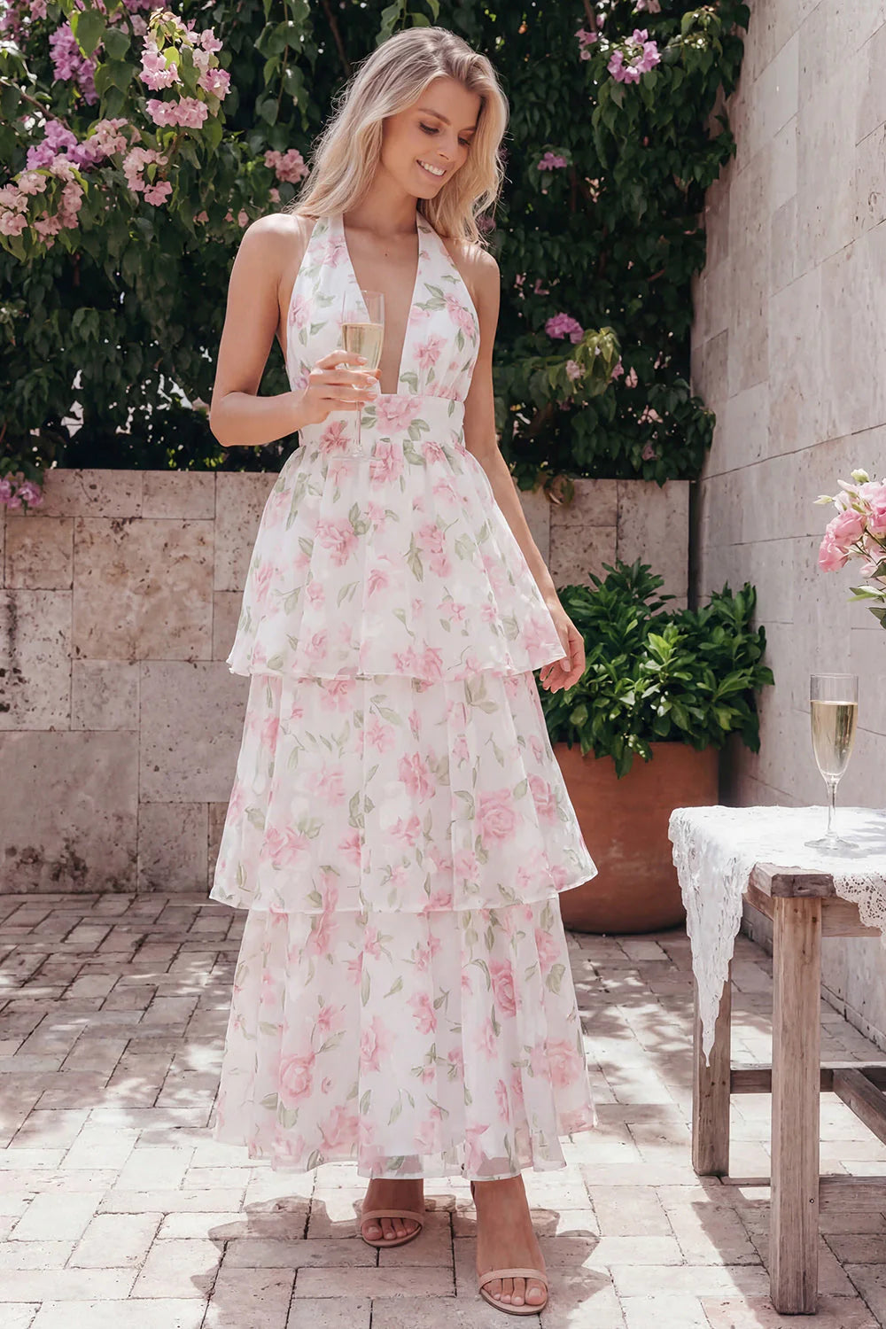 Blue Halter A Line Tiered Floral Wedding Guest Dress