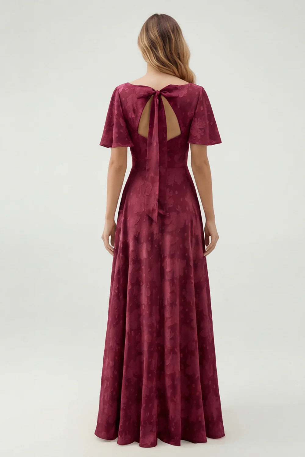 A Line Sage Green Floral Jacquard Flutter Sleeves Maxi Dress with Bow Back