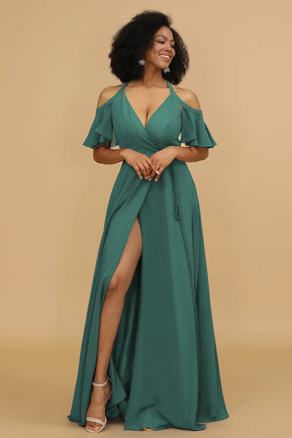 A Line Halter Cold Shoulder Chiffon Bridesmaid Dress with Slit