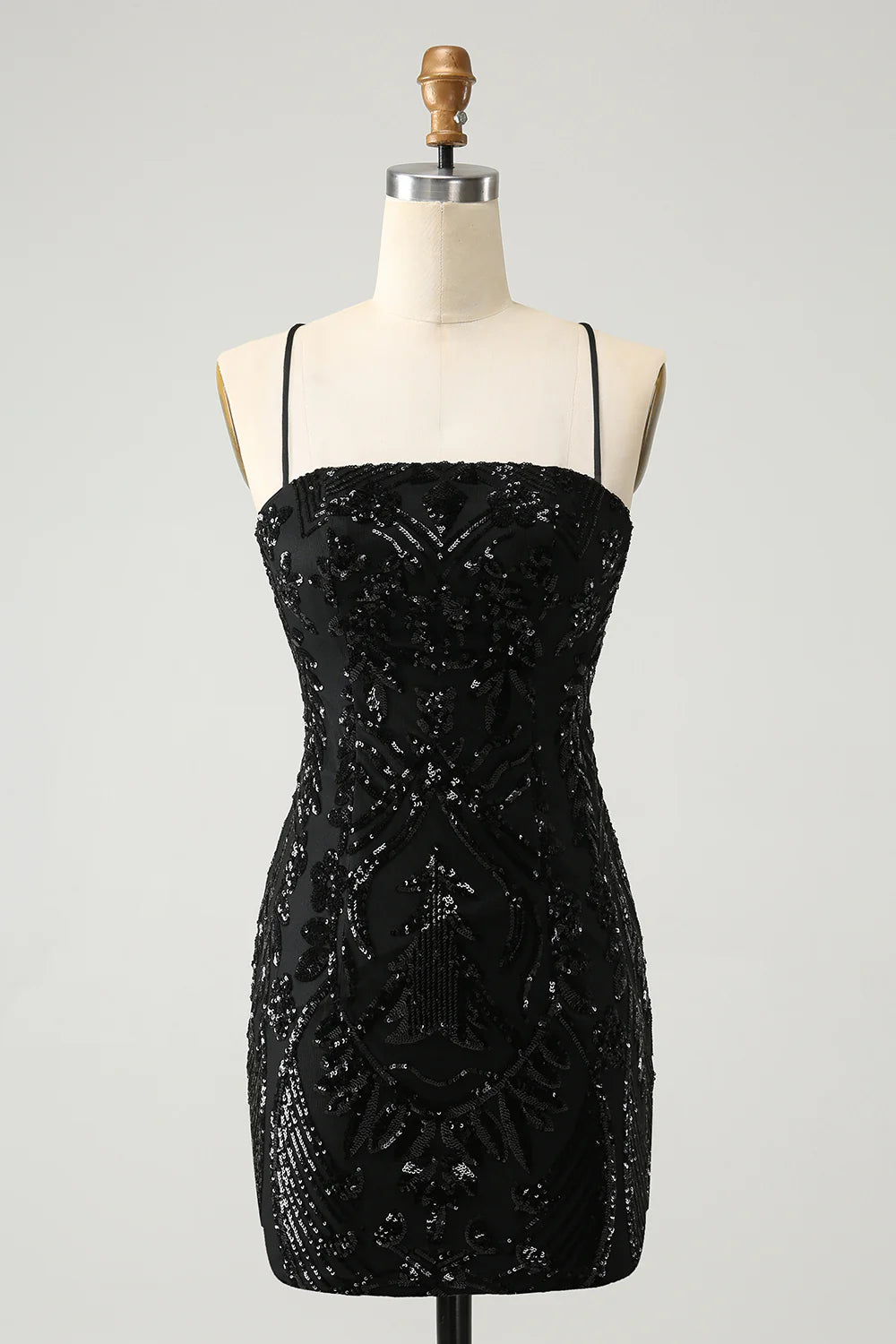 Black Bodycon Spaghetti Straps Lace Up Back Short Homecoming Dress with Sequins