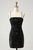 Black Bodycon Spaghetti Straps Lace Up Back Short Homecoming Dress with Sequins
