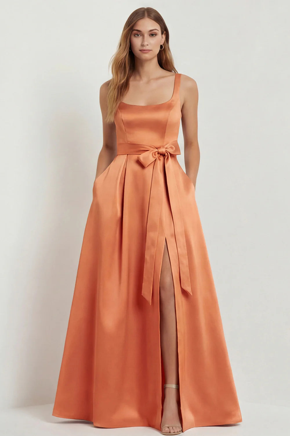 Light Blue A Line Square Neck Bow Satin Long Bridesmaid Dress with Slit