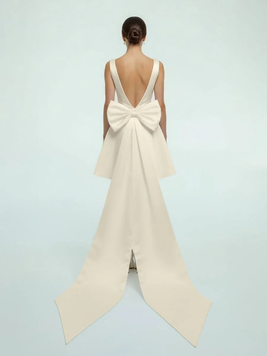 A Line Satin V Neck Short Wedding Dress with Large Bow