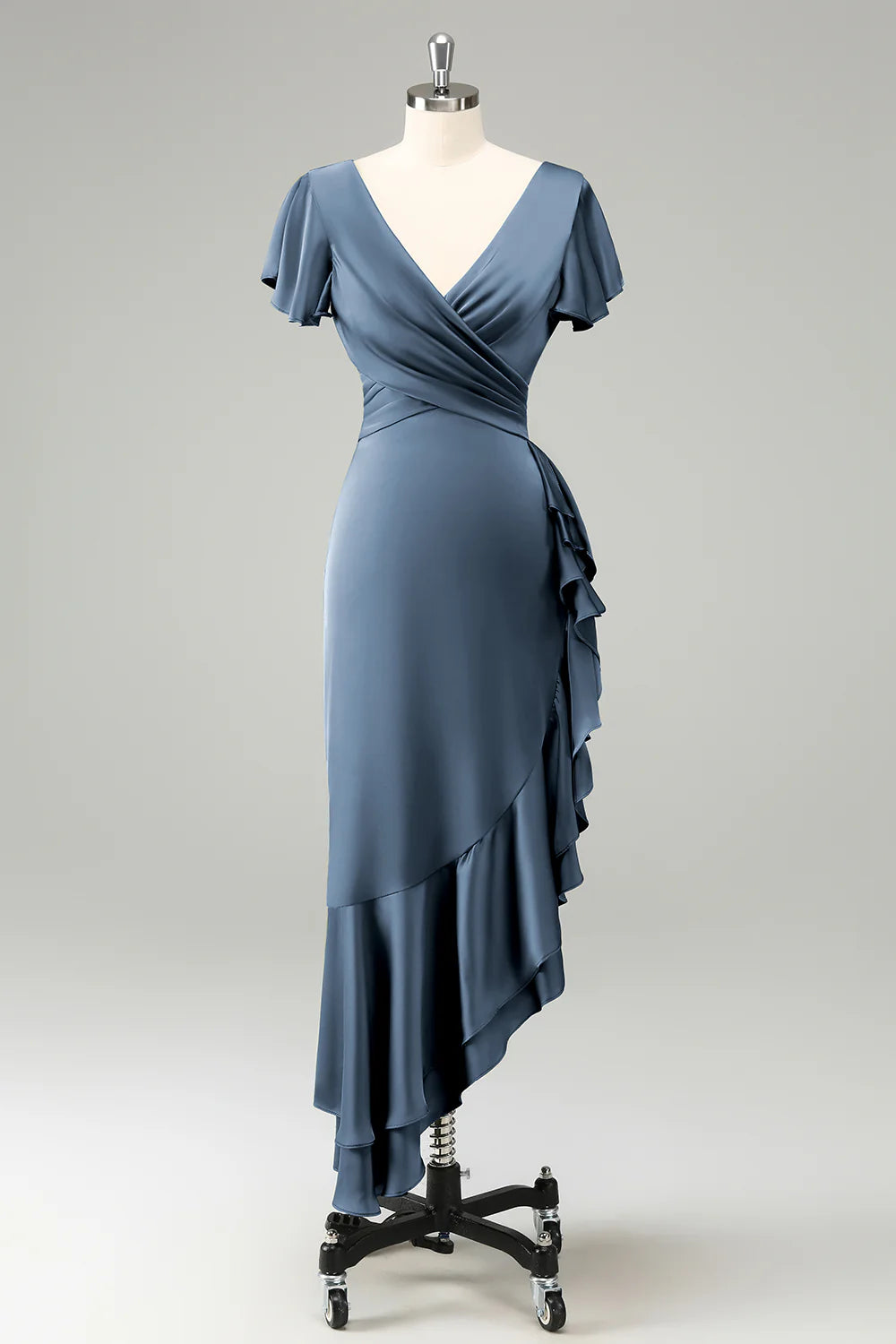 Elegant Dusty Sage A Line V Neck Short Sleeves Asymmetrical Bridesmaid Dress with Ruffles