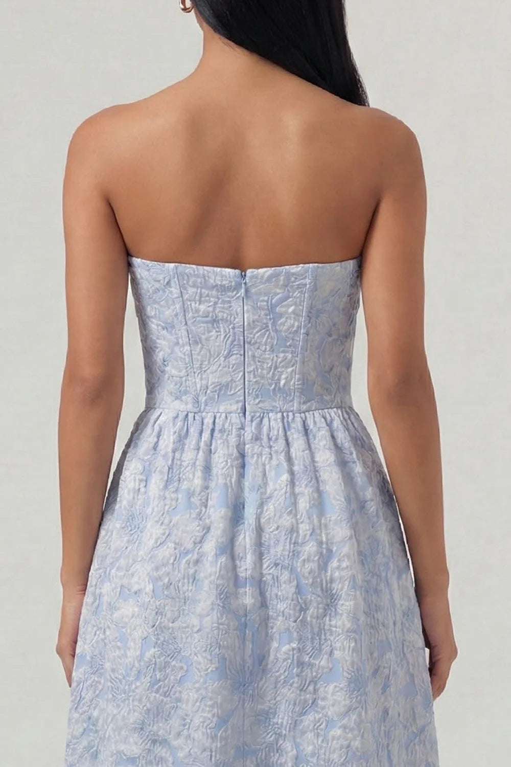 Blue Strapless Jacquard Corset Midi Wedding Guest Dress