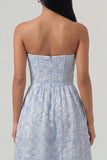 Blue Strapless Jacquard Corset Midi Wedding Guest Dress