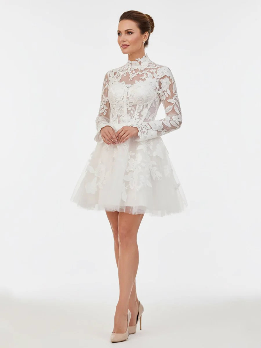 Short White A Line Illusion Neck Long Sleeves Lace Wedding Dresses