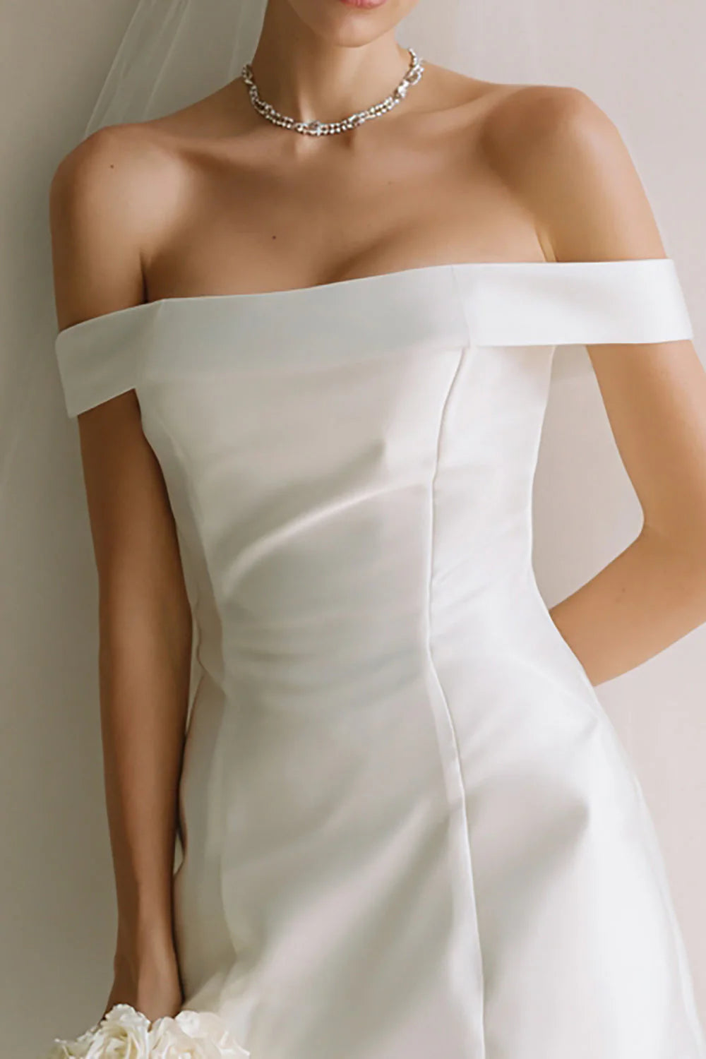 Off The Shoulder Satin White Bridal Shower Dress