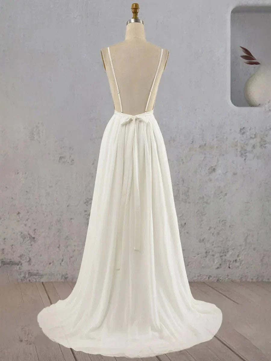 A Line V Neck Straps Spaghetti Sheath Chiffon Wedding Dress