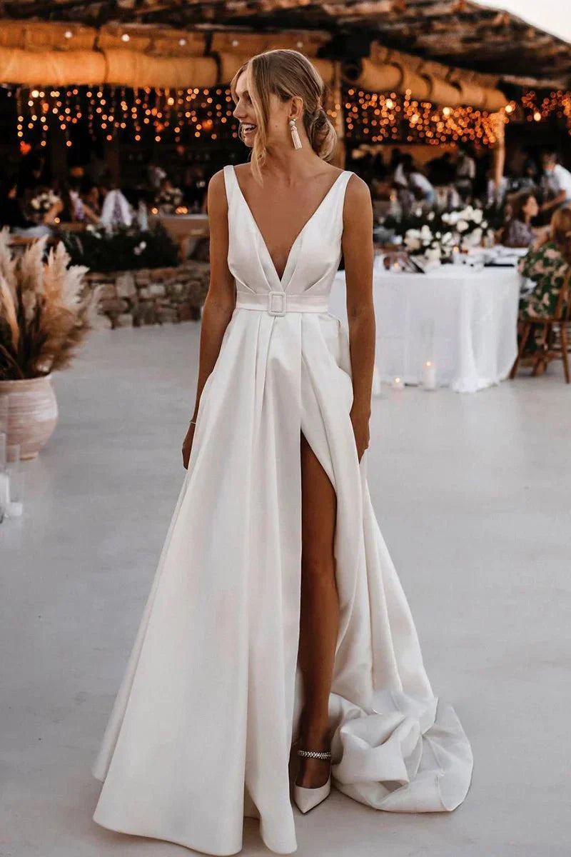 Attractive Deep V Neck White Satin Bohemian Wedding Dress