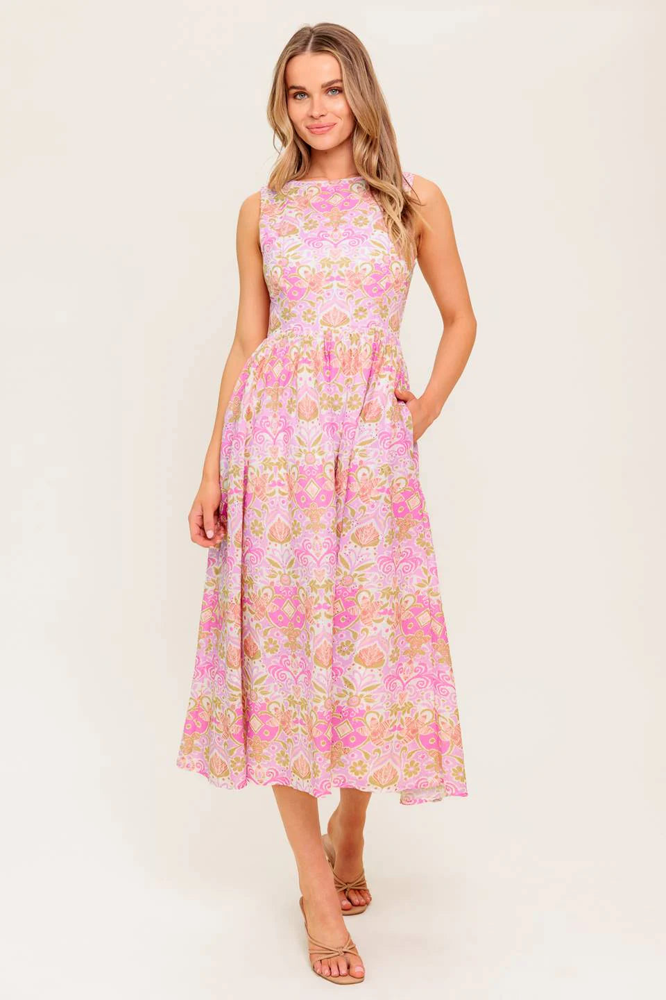 UNDER THE SUN PINK MIDI DRESS WITH POCKETS