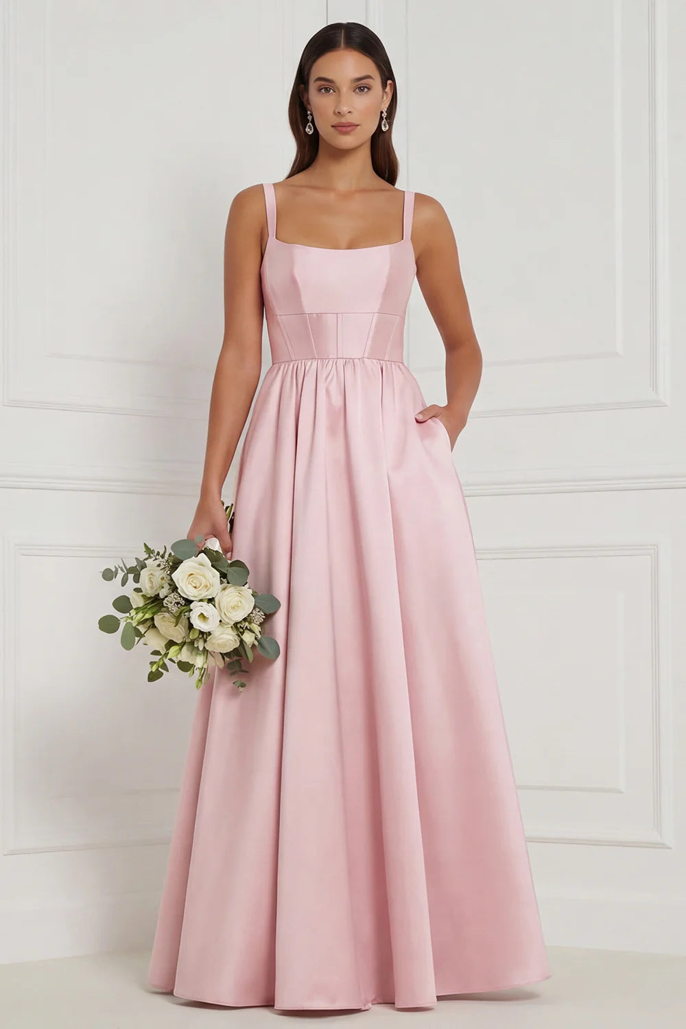 Lilac A Line Corset Satin Square Neck Long Bridesmaid Dress