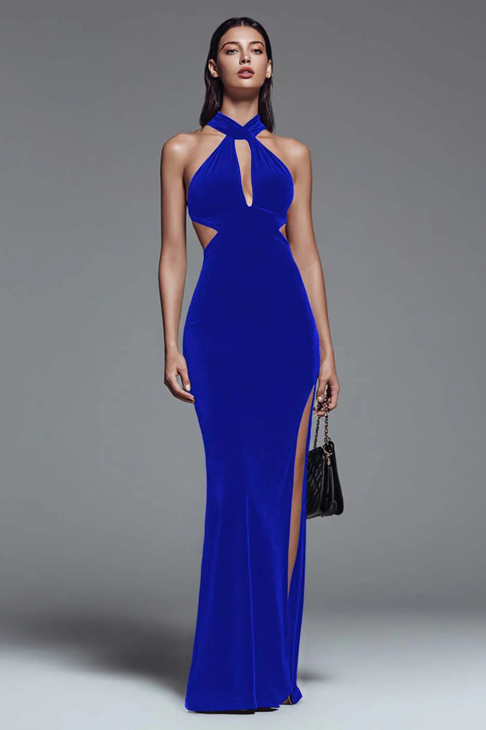 Dark Green Halter Cut Out Mermaid Velvet Formal Dress with Slit