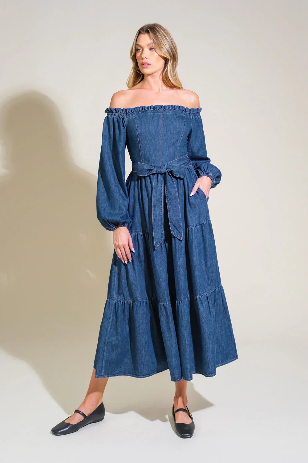 ARTISTIC IMPULSE LONG SLEEVE OFF THE SHOULDER DENIM MIDI DRESS