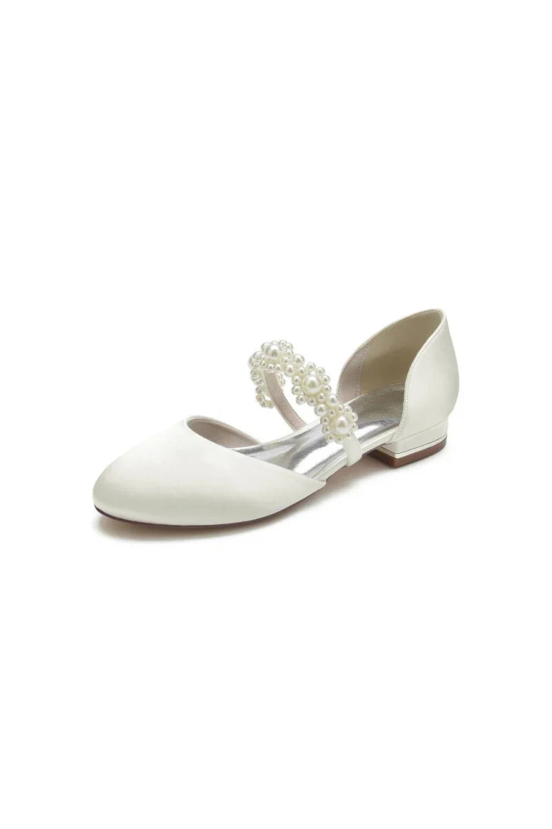 Sweet Round Toe Retro Pearl Strap Low Heels