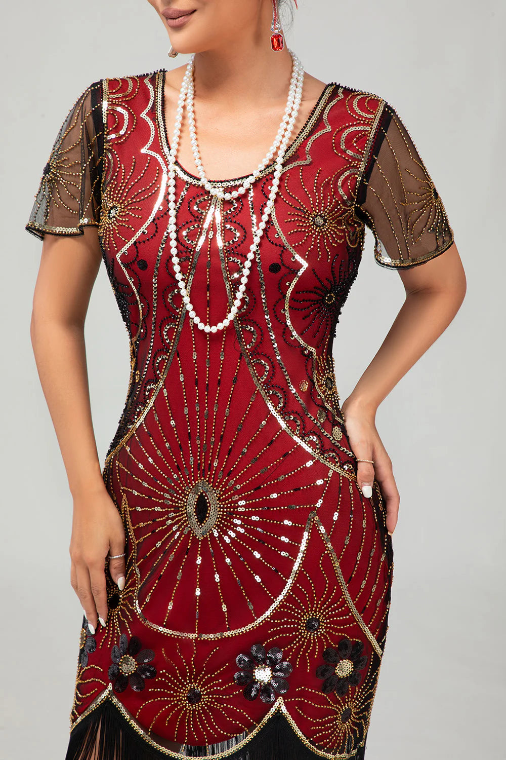 Gatsby Black Red Scoop Fringed Bodycon1920s Dress with Sequins