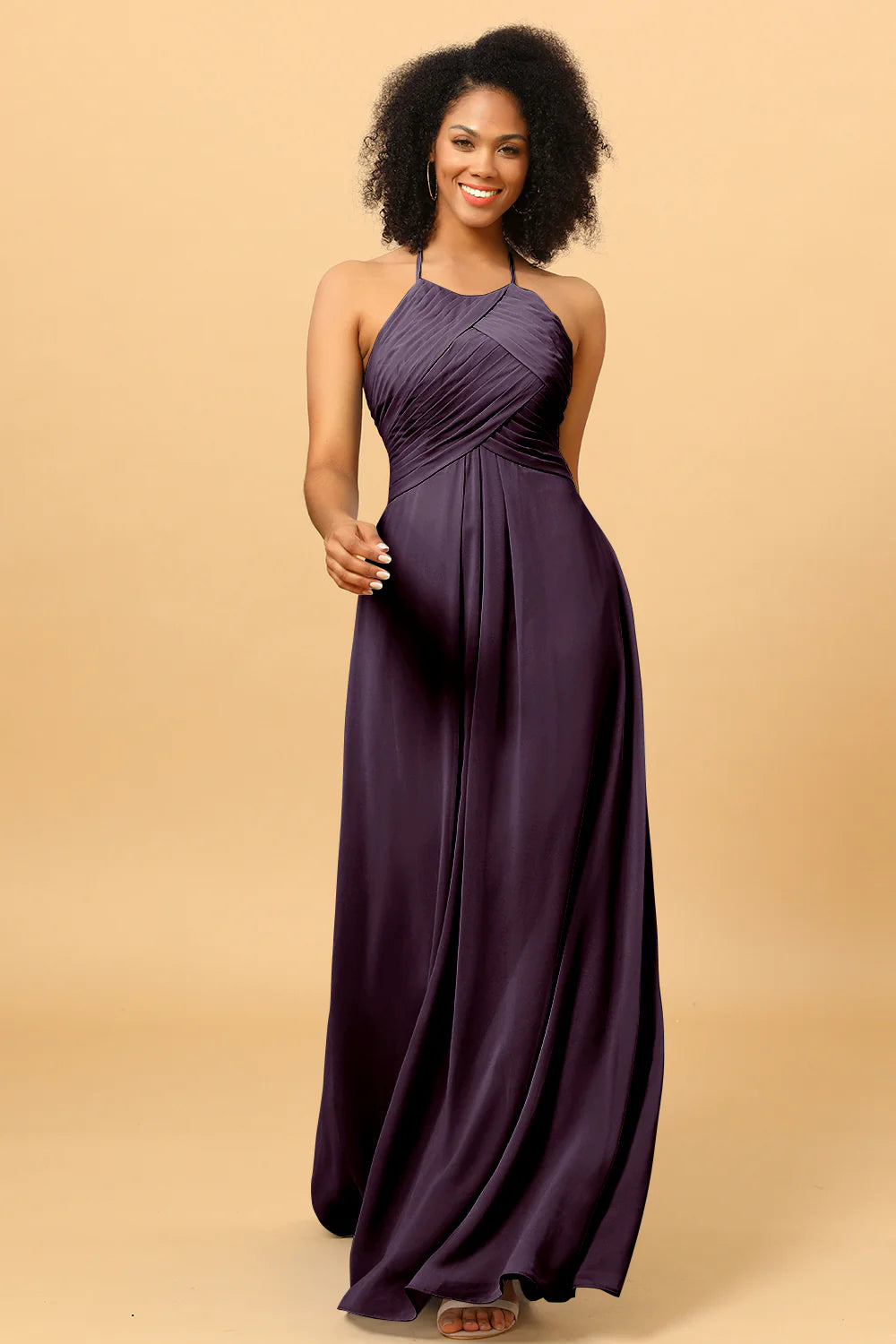 Sheath Halter Open Back Long Chiffon Bridesmaid Dress