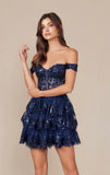 BRENNA MINI DRESS NAVY BLUE OFF SHOULDER TIERED SHORT DRESS