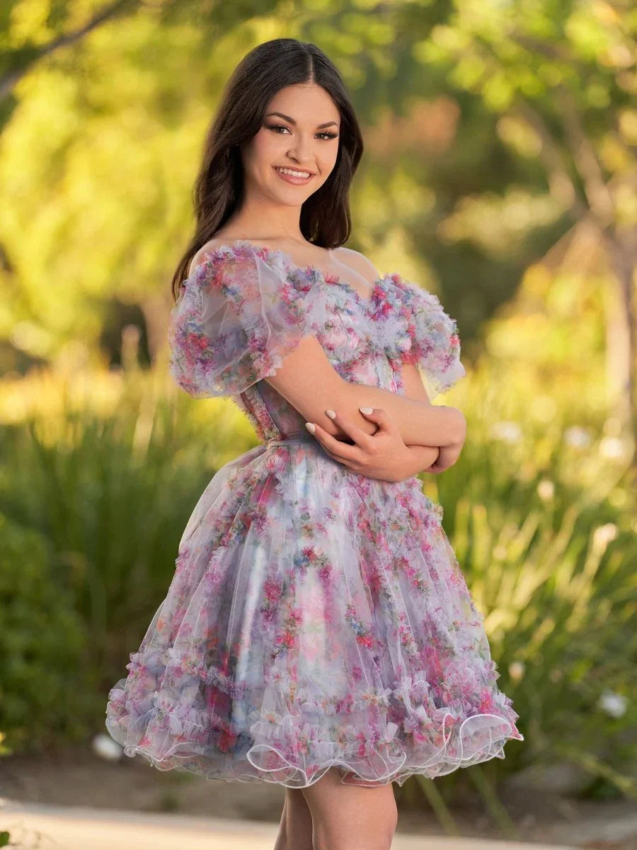Ivana A Line Off the Shoulder Printed Tulle Short Homecoming Dress