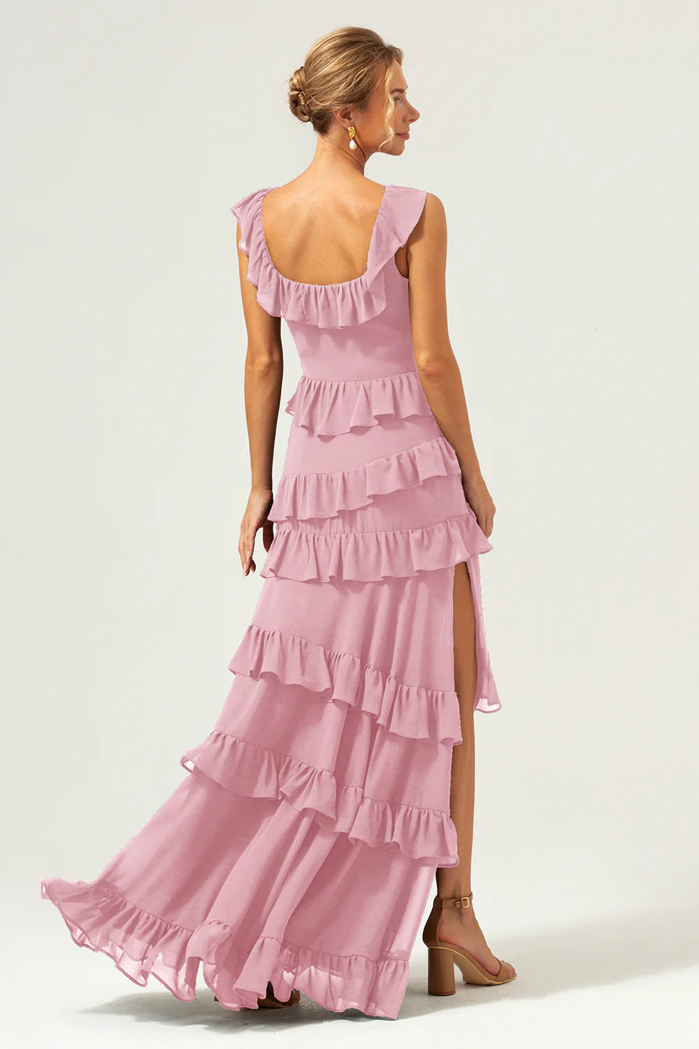 Dark Navy A Line Square Neck Tiered Long Chiffon Bridesmaid Dress with Ruffles