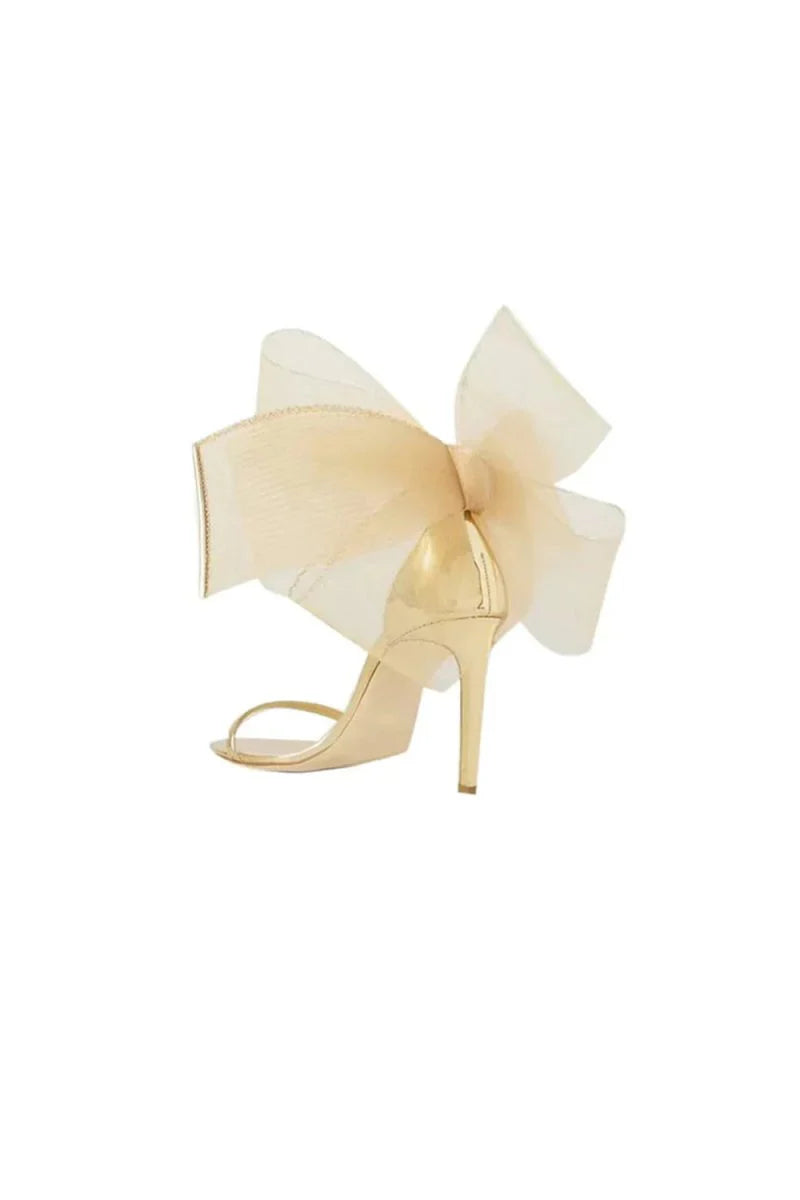 Asymmetric Bow Embellished Satin High Heel Sandals