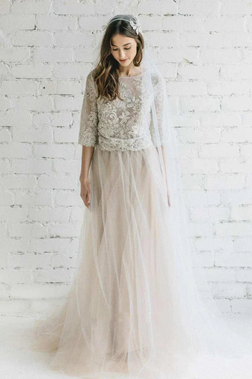 Bateau Lace Half Sleeve A Line Tulle Dress With Low V Back